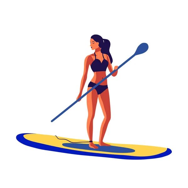 Supボードベクターの平らなイラストの休暇屋外で泳ぐ水着の若い女性 — ストックベクタ