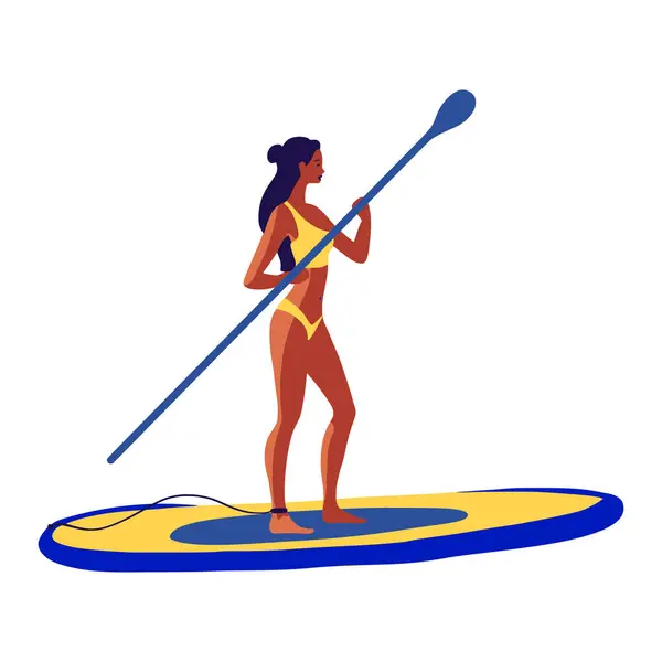 Junge Frau Badeanzug Schwimmt Auf Einem Sup Board Vektor Flache — Stockvektor