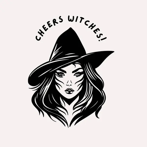 Young Charming Witch Woman Face Hat Halloween Silhouette Portrait Vector — Stock Vector