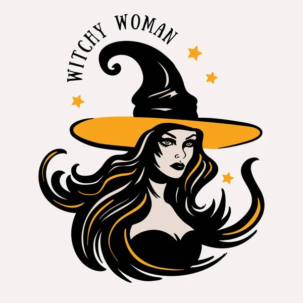 Jeune Charmante Femme Sorcière Visage Dans Chapeau Halloween Silhouette Portrait — Image vectorielle