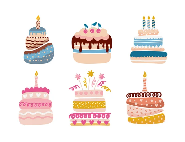 Conjunto Vetorial Bonito Cartoon Simples Bolo Aniversário Vetor Cupcake Bolo — Vetor de Stock