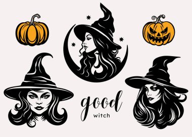 Balkabağı desenli şapkalı genç ve çekici cadı kadın. Cadılar Bayramı siluet portre koleksiyonu, vektör parti kart baskısı illüstrasyonu