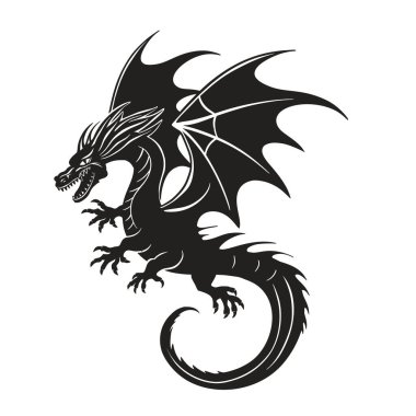 Uçan ragon vektörü siyah siluet sanat. Çin Yeni Yıl sembolü Doodle fantezi doğulu canavar Asyalı karakter canavar logosu