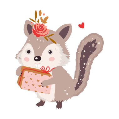 Şirin sincap orman hayvanı. Hediye ve çiçekle izole edilmiş karakter. Sevgililer günü ve doğum günü için komik tebrik kartı..