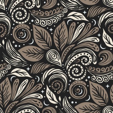 Doğa ve tasarımın tuhaf bir motifi. Karalama kusursuz bir desen oluşturur. Vektör vintage büyüleyici soyut halk arkaplanı.