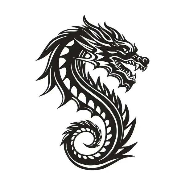 Черный Силуэт Дракона Китайский Новогодний Символ Doodle Фантазии Восточного Монстра — стоковый вектор