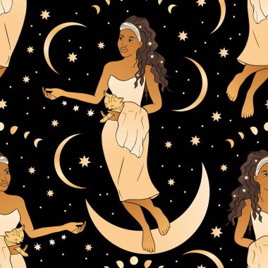 Ay 'da Oturan Güzel Kadın Sihirli Göksel Altın Kusursuz Astroloji Şablonu.