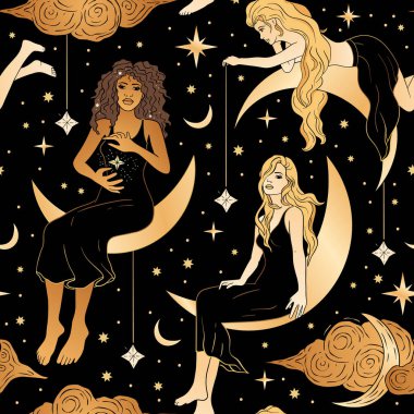Ay Büyüsü ve Yıldız Takımyıldızlı Güzel Kadınlar Göksel Altın Astroloji Kusursuz Arkaplan.