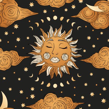 Ay Güneşi ve Bulutlu Yıldızlı Gece Altın Sihirli Astronomi Yıldızsız Şekil Vektör Arkaplanı. Göksel Peri Rüyası Esrarengiz İllüstrasyon