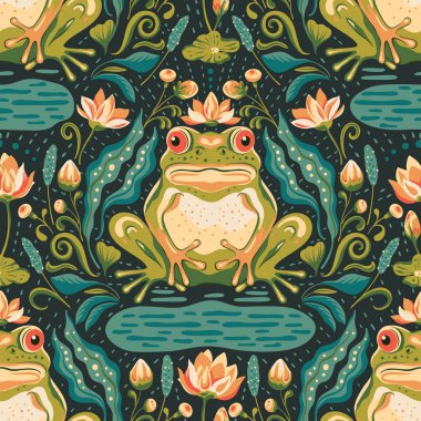 Süslü Boho Kurbağa Yazdırma. Art Deco Kurbağa Göleti Hayvanı Kusursuz Desen Arkaplan, Sanat Tasarımı Çiçek Detaylı Vektör
