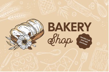 Çiçek posteri afişi olan fırın ekmeği. Vektör pişirme tanıtımı