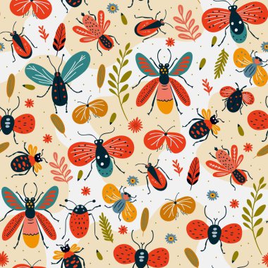 Vektör desensiz çizgi film. Böceklerin sevimli görüntüsü. Kelebek, böcek, güve, bahçe çiçeği, yaprak.