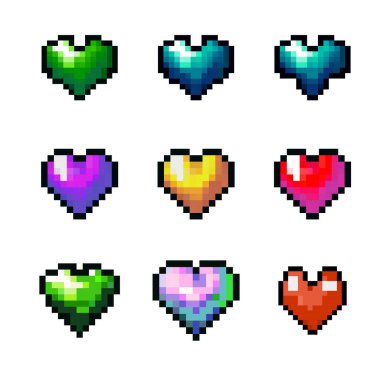 Renkli kalpler pikseli 8-bit antika oyun atari salonu sevgililer günü seti
