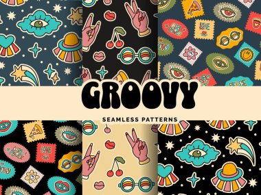 Ceamless retro groove groovy pattern UFO glasses stamps cherries stickers decals cool clipart