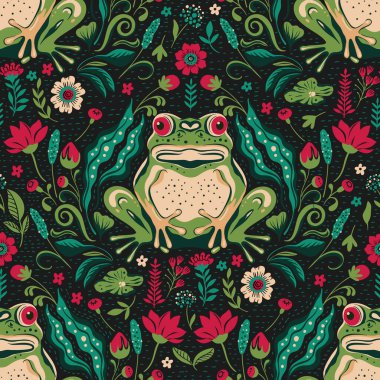 Frog toad wizard detailed nature swamp flower seamless pattern v background clipart