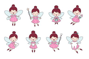 Sevimli Diş Perisi Clipart seti Pembe elbiseli şirin bir bebek perisi çeşitli pozlarda kahverengi saçlı