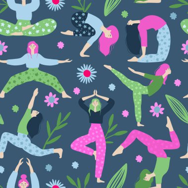 Yoga Kadını Vektör Poz Veriyor Kusursuz Desensiz Kadın Şekilleri Çiçek Elementleri Tarzı ile Yoga Yapıyor.