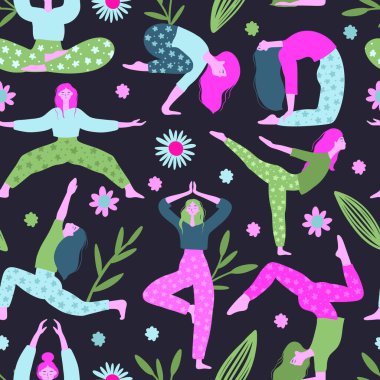 Yoga Kadını Vektör Poz Veriyor Kusursuz Desensiz Kadın Şekilleri Çiçek Elementleri Tarzı ile Yoga Yapıyor.