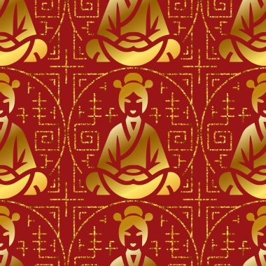 Altın Çin Meditasyon Şeklinde Kusursuz Şekil. Kırmızı arka planda karmaşık geometrik elementler var. Doğu kültüründen esinlenilmiş..