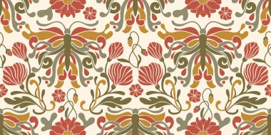 Art Nouveau Kelebek Şablonu Kusursuz Vektör Arkaplan Barok Antika Çiçek Motifi Boho Bohem Etnik Çiçek Süslemesi