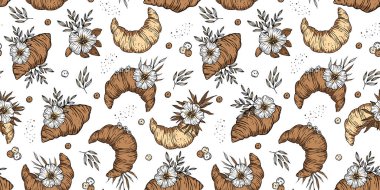 Pastane Şablonu Çizimi Kusursuz Fransız Kruvasanı Klasik Çiçek Arkaplanı Doodle Pastanesi Duvar Kağıdı