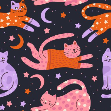 Tuhaf Kedi Sevimli Evcil Hayvan Kusursuz Ay Yıldızı Arkaplan Vektörü Düz Garip Hayali Hayvanlar İçin Duvar Kağıdı Pijaması