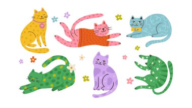 Tuhaf Kedi Sevimli Evcil Hayvan İllüstrasyon Vektörü Düz Garip Çizgi Filmlerdeki Mutlu Hayvanlar Koleksiyonu
