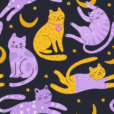 Tuhaf Kedi Sevimli Evcil Hayvan Kusursuz Yıldız Ay İyi Geceler Arkaplan Vektörü Tuhaf Garip Hayali Hayvanlar Duvar Kağıdı