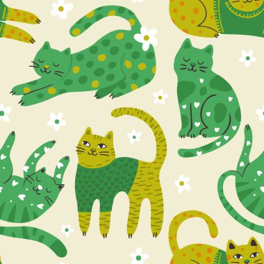 Tuhaf Kedi Sevimli Evcil Hayvan Kusursuz Çiçeksiz Arkaplan Vekili Papatya Çiçek Düz Garip Rüya Gören Yeşil Hayvan Duvar Kağıdı