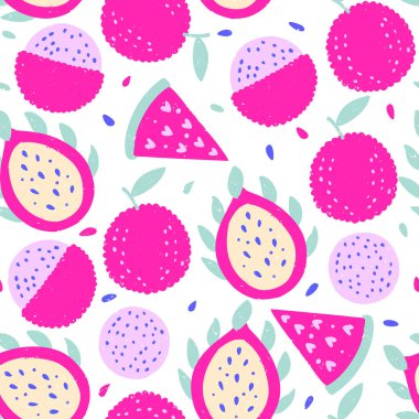 Tropikal Lychee Egzotik Pitaya Ejder Meyvesi Litchi Meyvesi Boya Kalemi Dokuma Yaz Vektör Tebeşir Çizgisi Kusursuz Soyut Tebeşir Organik Baskısı