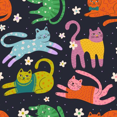 Kaprisli Kedi Sevimli Evcil Hayvan Kusursuz Kalıpsız Arka plan Vektörü Düz Garip Rüya Gören Hayvan Çiçekli Duvar Kağıdı