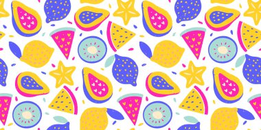 Tropikal Egzotik Meyve Örnekleri Boya Kalemi Limon Karpuz Kivi Karpuz Papaya Doku Yaz Vektörü Tebeşir Kusursuz Soyut Organik Karışık Yazdırma