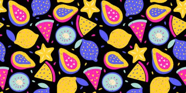 Tropikal Egzotik Meyve Örnekleri Boya Kalemi Limon Karpuz Kivi Karpuz Papaya Doku Yaz Vektörü Tebeşir Kusursuz Soyut Organik Karışık Yazdırma