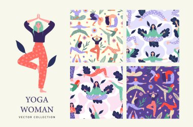 Kadınlar Yoga Poz Asana BG Kusursuz Desen Hazırlama Meditasyonu ve Zen Germe Arkaplan Vektörü Yazdırma