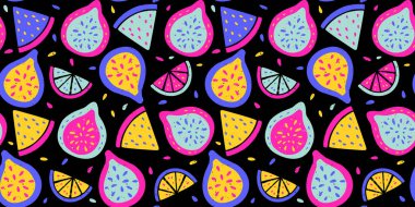 Tropikal Egzotik İncirli Limon Citrus Koyu Kalem Dokuma Yaz Vektör Tebeşir Çizgisi Kusursuz Soyut Tebeşir Organik