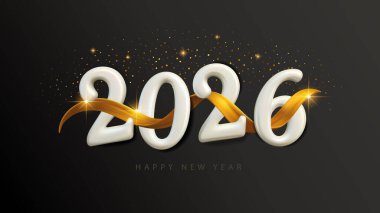 2026 Mutlu Yıllar 3D Altın Kurdele Sancak Arkaplan Davetiye Lüks Vector Kartı