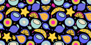 Tropikal Egzotik Meyve Örnekleri Boya Kalemi Kiwi Limonlu Karambola Hindistan cevizi Doku Yazı Vektörü Kusursuz Soyut Organik Karışık Parmak İzi