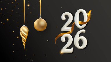 2026 Mutlu Yıllar 3D Altın Kurdele Dekorasyon Arkaplan Kutlama Davetiyesi Vector Kartı