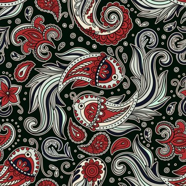 Paisley Vintage Şablonu Batik Koi Balık Motifi Çiçek Girdabı ve Süslü Hint Vektör Boho Tarzı