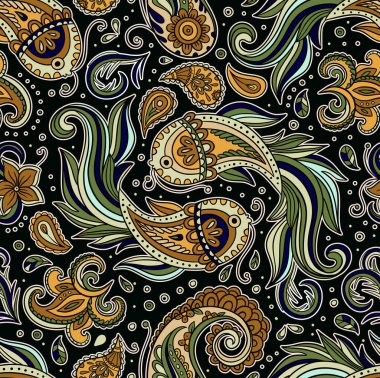 Paisley Vintage Şablonu Batik Koi Balık Motifi Çiçek Girdabı ve Süslü Hint Vektör Boho Tarzı