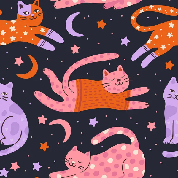 Tuhaf Kedi Sevimli Evcil Hayvan Kusursuz Ay Yıldızı Arkaplan Vektörü Düz Garip Hayali Hayvanlar İçin Duvar Kağıdı Pijaması
