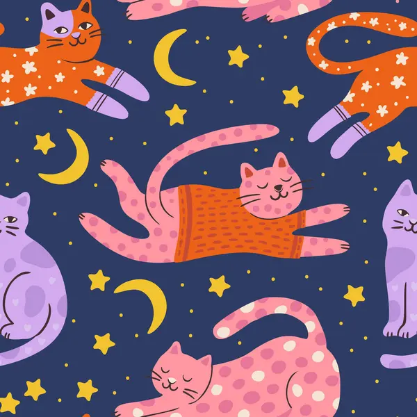 Tuhaf Kedi Sevimli Evcil Hayvan Kusursuz Ay Yıldızı Arkaplan Vektörü Düz Garip Hayali Hayvanlar İçin Duvar Kağıdı Pijaması