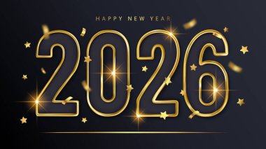 2026 Mutlu Yıllar 3D Altın Metin Banner Arkaplan Yıldızı Konfeti Davet Etme Lüks Vektör Kartı