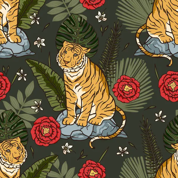 Palm 'ın İçindeki Garip Tropikal Kaplan Yapraksız Vektör Örnekleri Yazın Kırmızı Çiçeklerle Orman Tarzı