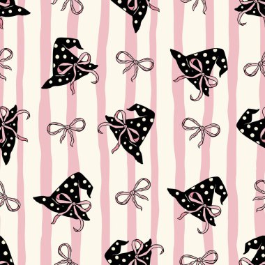 Geçmiş Cadılar Bayramı Kusursuz Kalıpsız Cadı Şapkası ve Pembe Kurdele Çizgi Roman Vektör Arkaplan Kağıdı