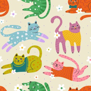 Kaprisli Kedi Sevimli Evcil Hayvan Kusursuz Kalıpsız Arka plan Vektörü Düz Garip Rüya Gören Hayvan Çiçekli Duvar Kağıdı
