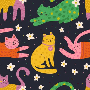 Kaprisli Kedi Sevimli Evcil Hayvan Kusursuz Kalıpsız Arka plan Vektörü Düz Garip Rüya Gören Hayvan Çiçekli Duvar Kağıdı