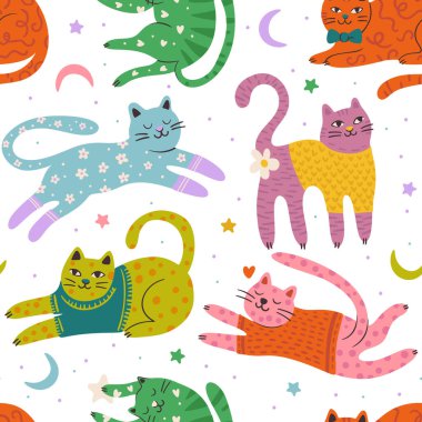 Tuhaf Kedi Sevimli Evcil Hayvan Kusursuz Ay Yıldızı Arkaplan Vektörü Düz Garip Hayali Hayvanlar İçin Duvar Kağıdı Pijaması