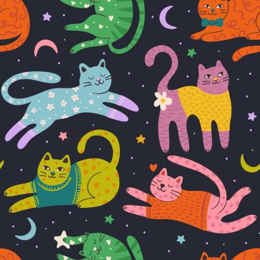 Tuhaf Kedi Sevimli Evcil Hayvan Kusursuz Ay Yıldızı Arkaplan Vektörü Düz Garip Hayali Hayvanlar İçin Duvar Kağıdı Pijaması