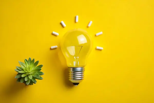 stock image Business creativity and inspiration flat lay with cartoon lightbulb